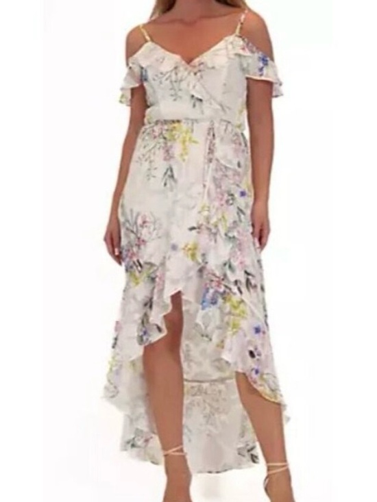 julia jordan Dresses & Skirts - Julia Jordan Floral Hi-Low Maxi Dress Asymmetrical  Cold Shoulder Size 6 Ruffled
